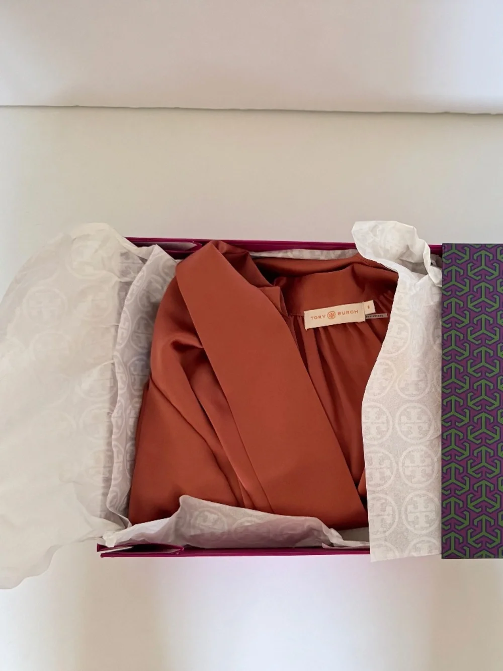 Tory Burch Amber Rust Silk Satin Bow Blouse